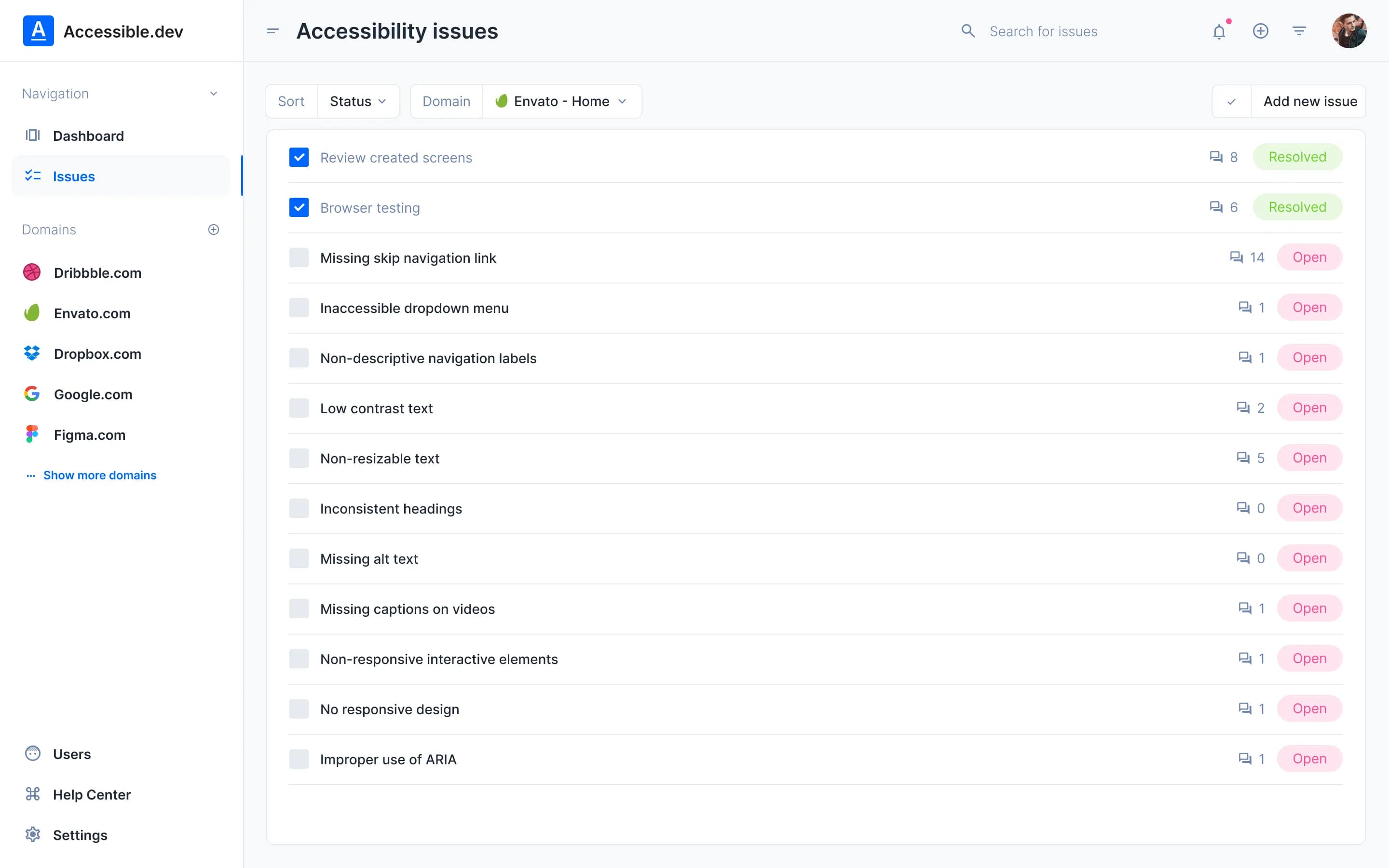 Accessible.dev dashboard