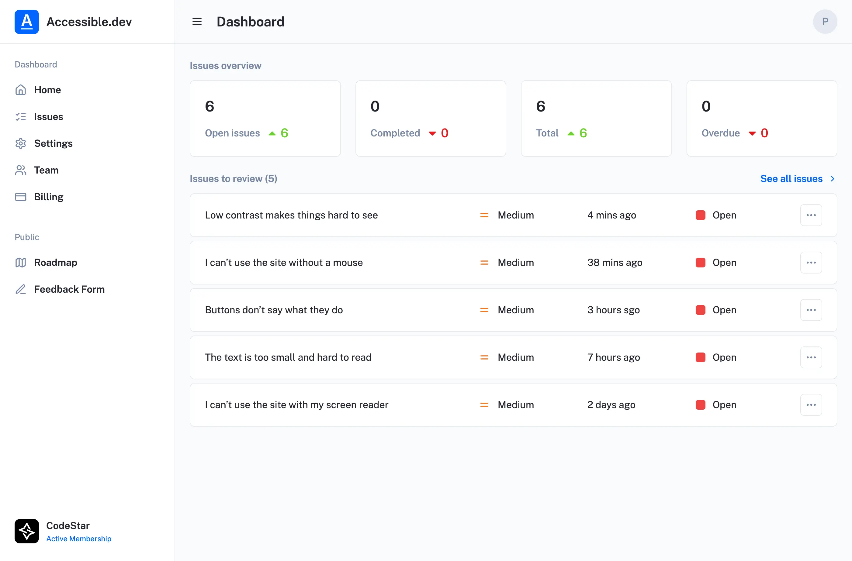 Screenshot of the Accessible.dev dashboard highlighting accessibility issues that were found on my CodeStar website.